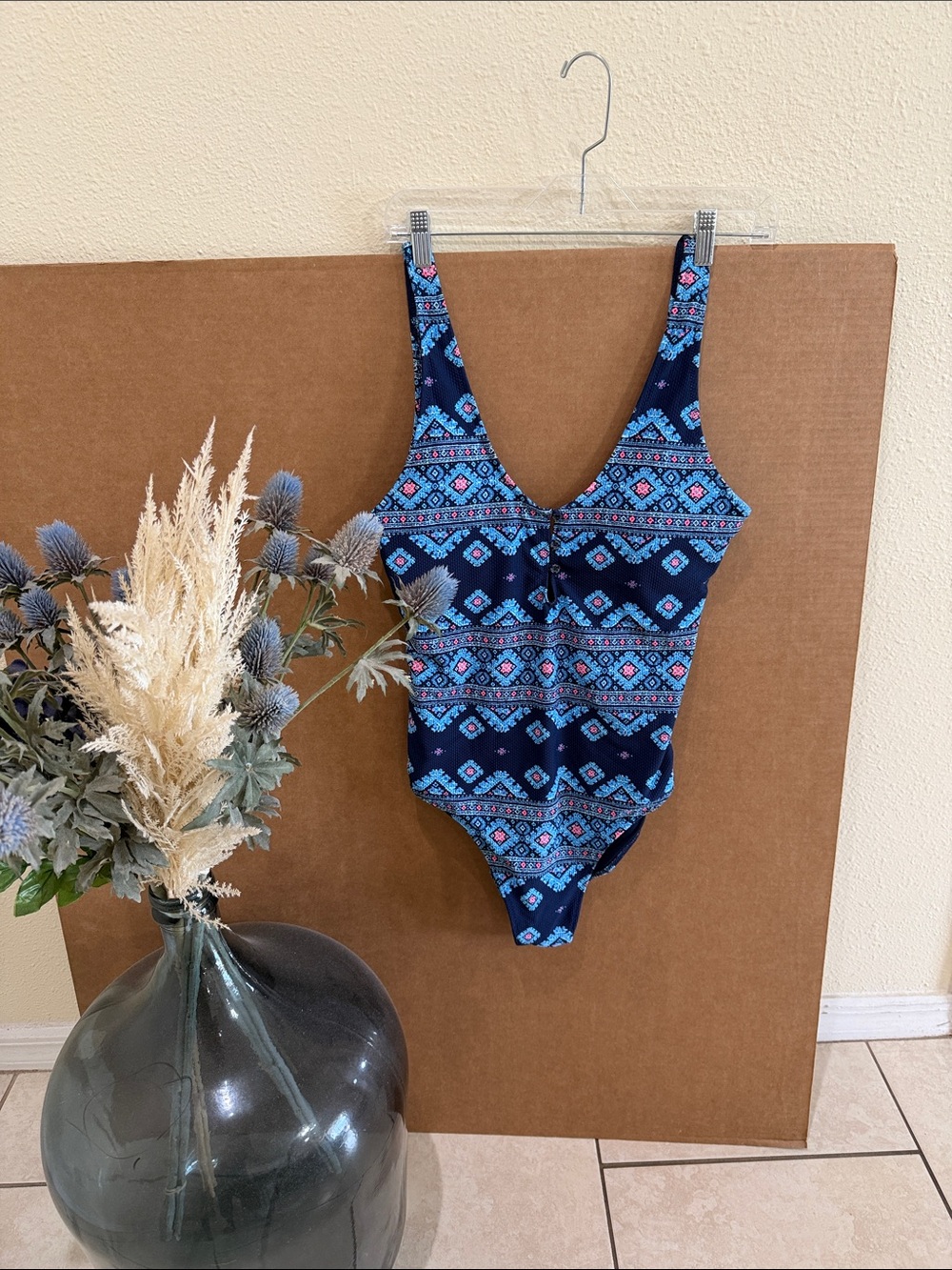Aerie Pique Henley One Piece Full Coverage Blue Pattern Swimsuit Sz Xl